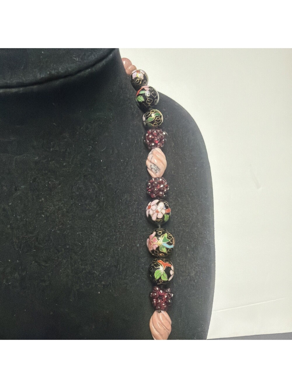 Vintage Art Glass Beaded Necklace Wedding Cake Style Beads Stone Carved Chinese - Picture 8 of 14